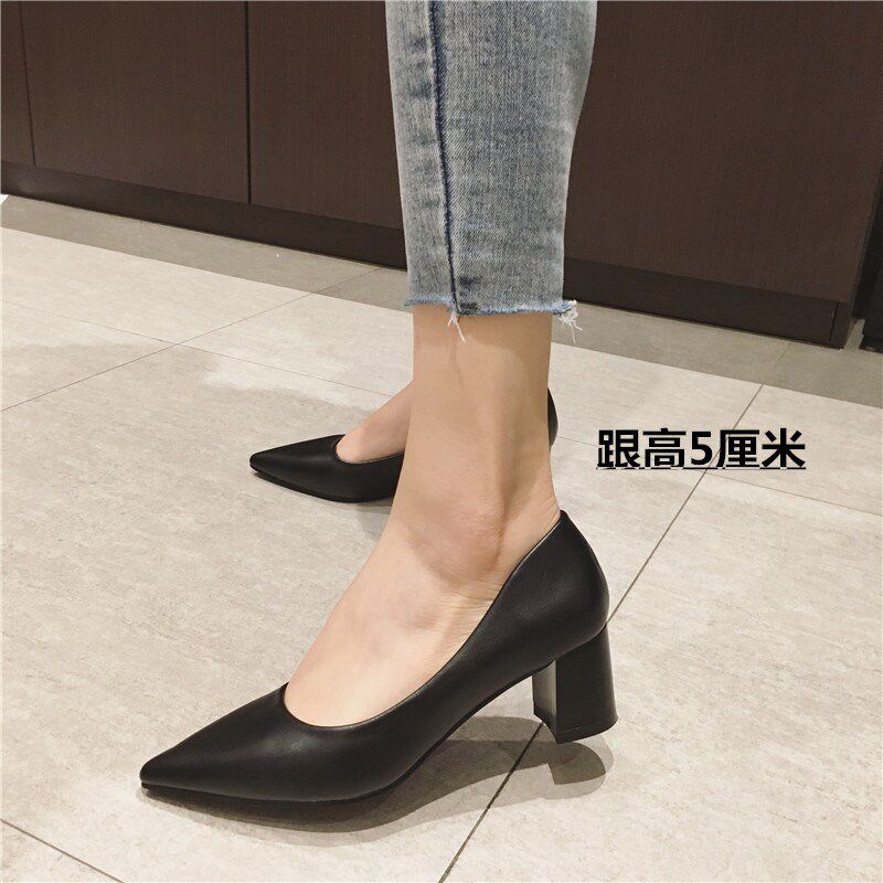 极速工作鞋女黑色职业面试上班正装尖头高跟鞋粗跟中W跟皮鞋百搭