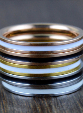 极速欧美简约超细小码戒指钛钢滴胶黑白指环L情侣首饰品生日礼物S