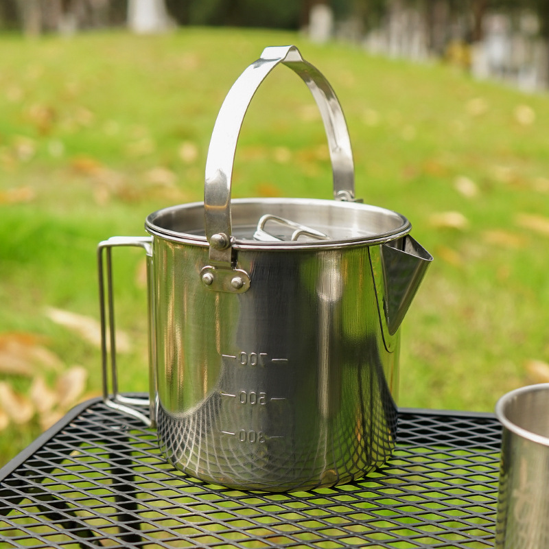 户外不锈钢烧水壶1.2L登山野营茶壶吊锅炊具咖啡壶野餐锅