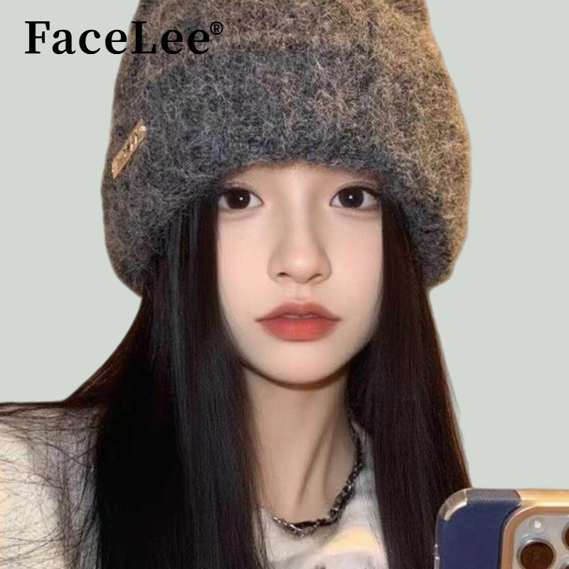 FaceLee日本设计师联名款可爱猫耳朵毛绒针织帽子女秋冬季大头围