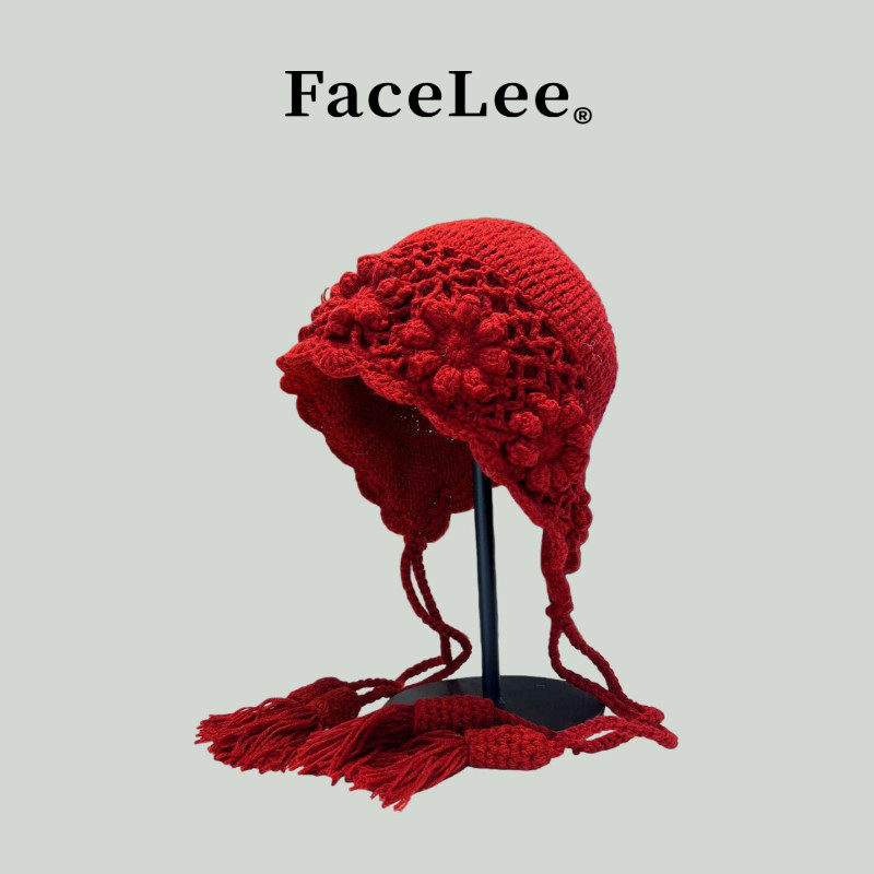 FaceLee日本设计师联名款新款红色镂空针织帽子女秋冬旅行拍照显