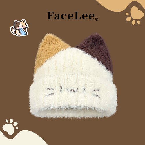 FaceLee日本设计师联名款可爱三花猫咪耳朵毛绒帽子女秋冬季保暖