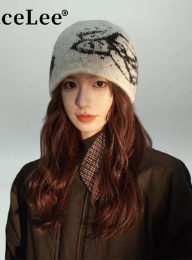 FaceLee日本设计师联名款韩系蝴蝶提花毛线帽女冬季新款羊毛混纺