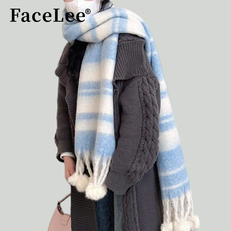 FaceLee日本设计师联名款秋冬新款高级感毛球流苏加厚围巾女韩版