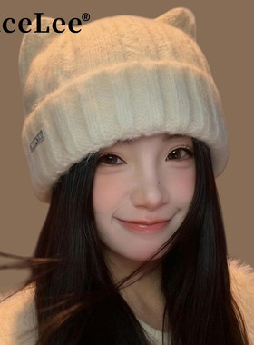 FaceLee日本设计师联名款2025冬新款可爱猫耳朵毛线帽女韩版加厚