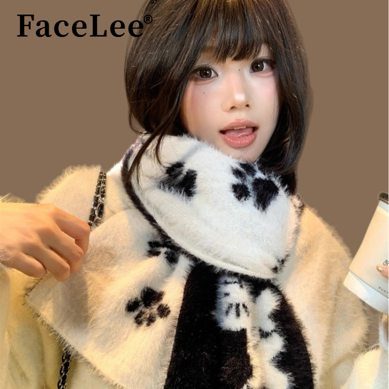 FaceLee日本设计师联名款双面戴黑白小猫仿貂绒围巾女冬季软糯氛