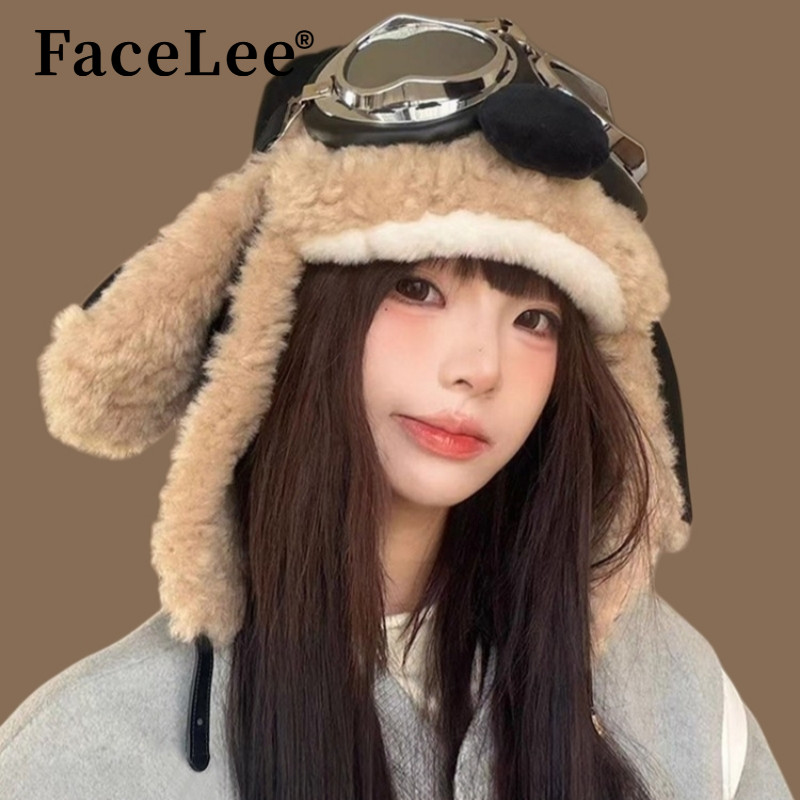 FaceLee日本设计师联名款2025新款飞行员眼镜雷锋帽子女冬季加绒