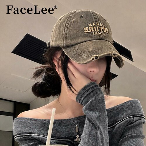 FaceLee日本设计师联名款灰色牛仔大头围棒球帽女新款字母复古美