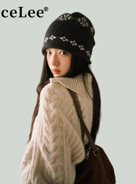 FaceLee日本设计师联名款费尔岛提花针织黑色帽子女秋冬2025新款