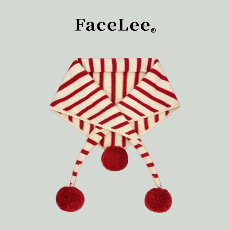 FaceLee日本设计师联名款日系可爱球球条纹三角巾女秋冬保暖韩版