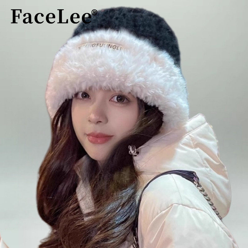 FaceLee日本设计师联名款保暖宽松针织帽毛绒护耳大头围帽子女秋