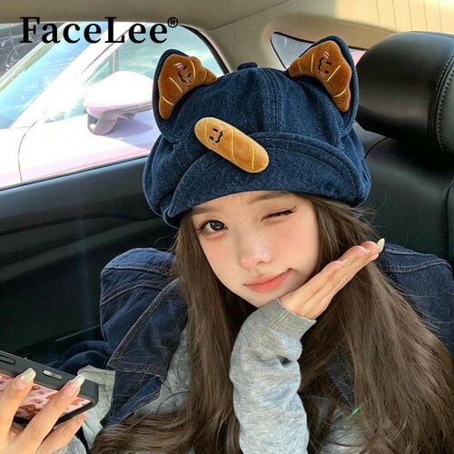 FaceLee日本设计师联名款可爱牛角包猫耳朵牛仔贝雷帽女大头围显