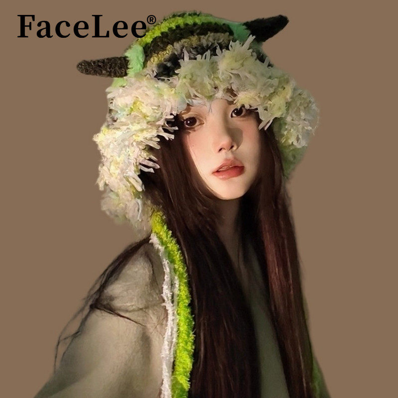 FaceLee日本设计师联名款小怪兽帽子2025秋冬少女风多巴胺甜系绿