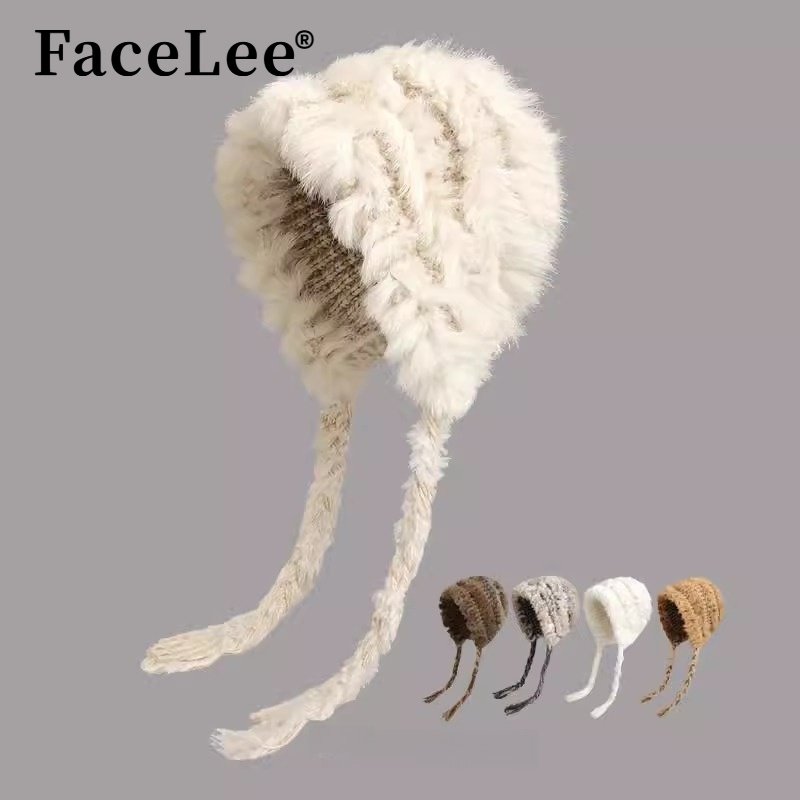 FaceLee日本设计师联名款兔毛针织帽秋冬保暖皮草帽子女百搭届游