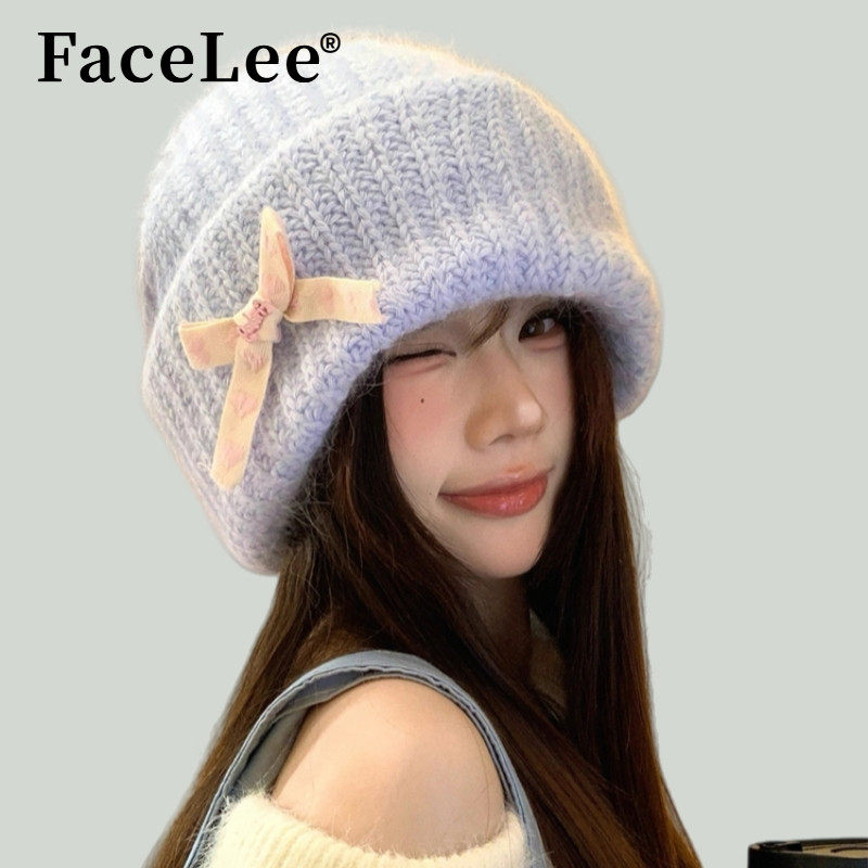 FaceLee日本设计师联名款甜美可爱蝴蝶结毛线帽子女秋冬保暖防寒