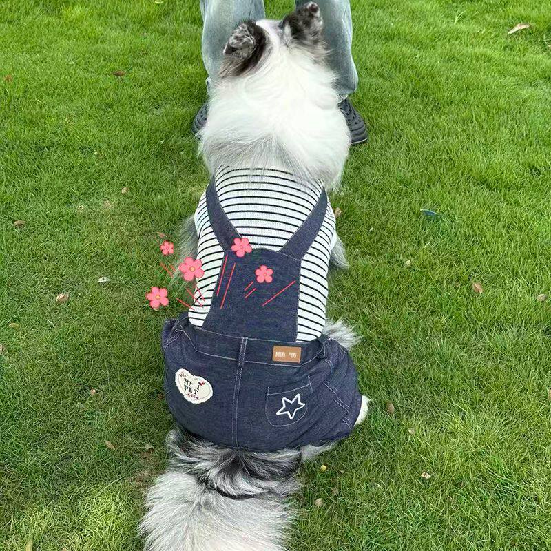 中大型犬狗狗牛仔背带裤连体金毛拉布拉多条纹四脚衣春秋大狗衣服