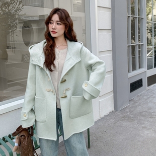 P260K348 秋冬连帽牛角扣双面羊绒大衣厚外套D911 新款 现货