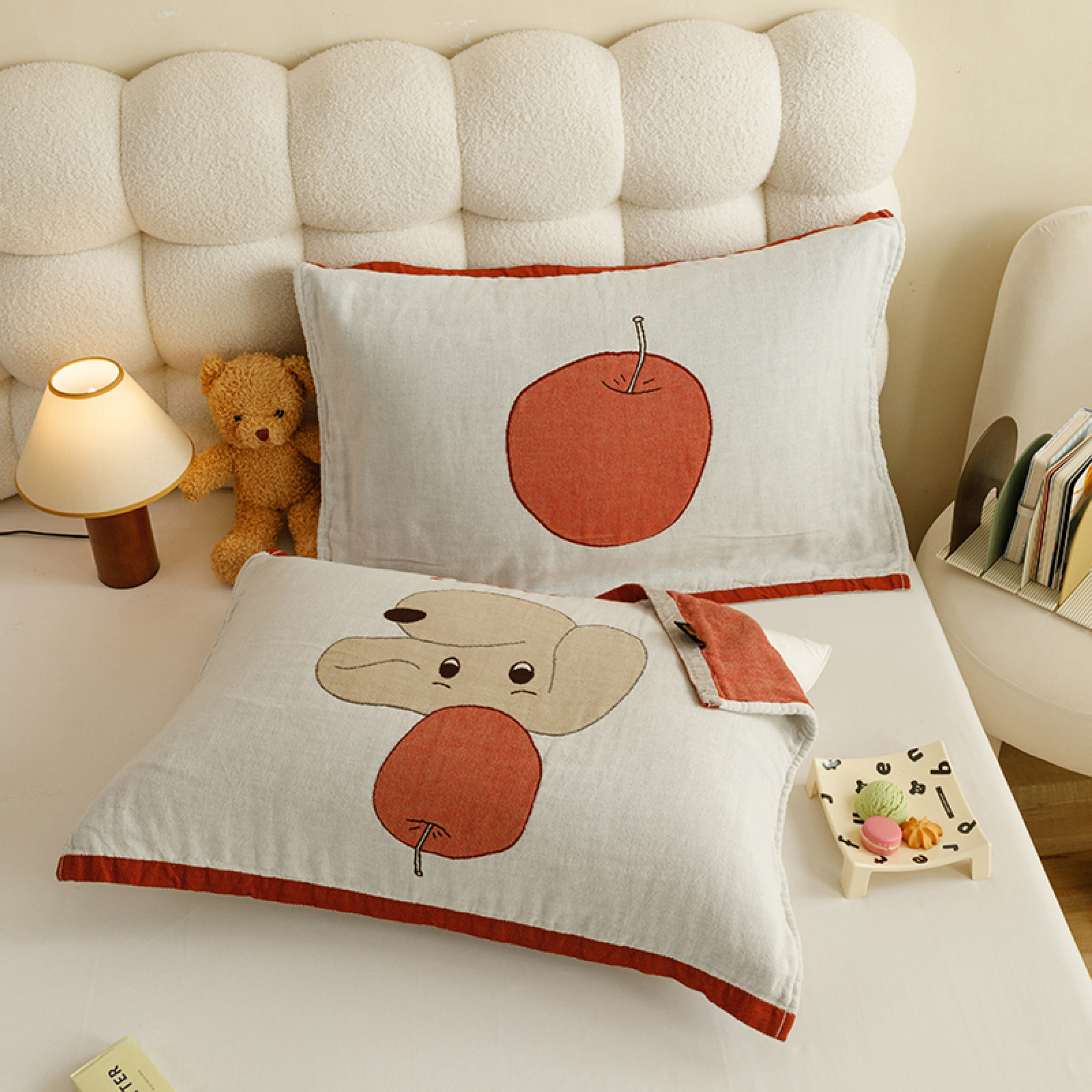 纯棉AB面枕巾一对装全棉四层纱布女生可爱枕头巾加宽加大双面可用