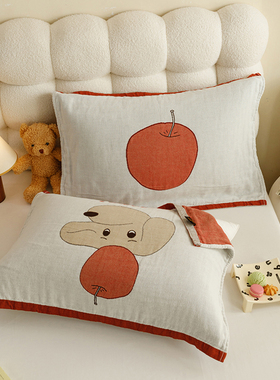 纯棉AB面枕巾一对装全棉四层纱布女生可爱枕头巾加宽加大双面可用