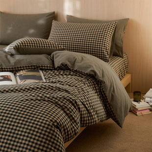 安懒懒 全棉纯棉水洗棉四件套复古小格色织四季通用亲肤舒柔床品