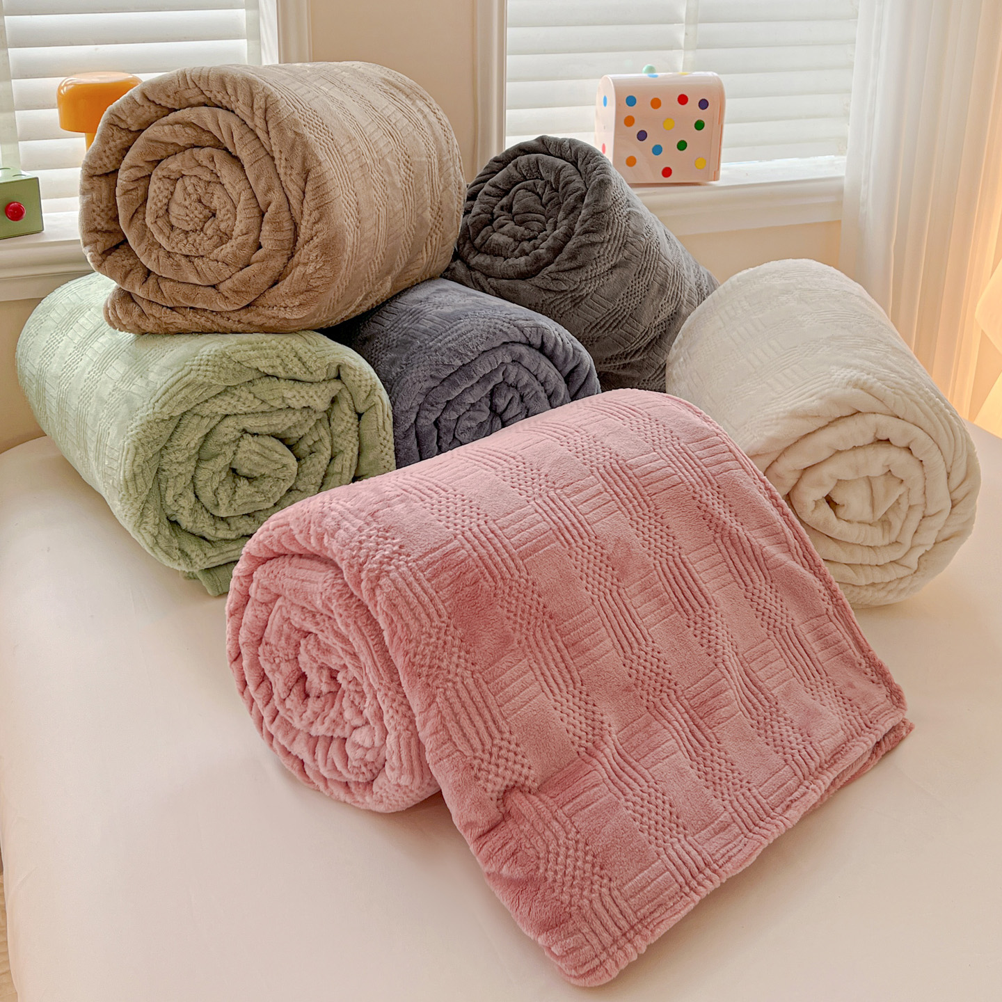 安懒懒 提花简约珊瑚绒法莱绒毯毛毯子柔软空调毯办公室午睡盖毯