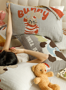 纯棉AB面枕巾一对装全棉四层纱布女生可爱枕头巾加宽加大双面可用