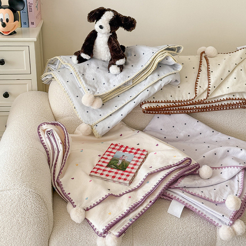 安懒懒 全棉纯棉双层纱提花工艺波点毛球装饰毯子午休盖毯沙发毯