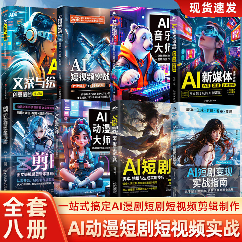 【共8册】AI短剧变现+AI短剧制作+AI动漫大师+剪映+AI新媒体+AI音乐大师+AI短视频+AI文案与绘画 AI短剧漫剧短视频生成与制作教程图片