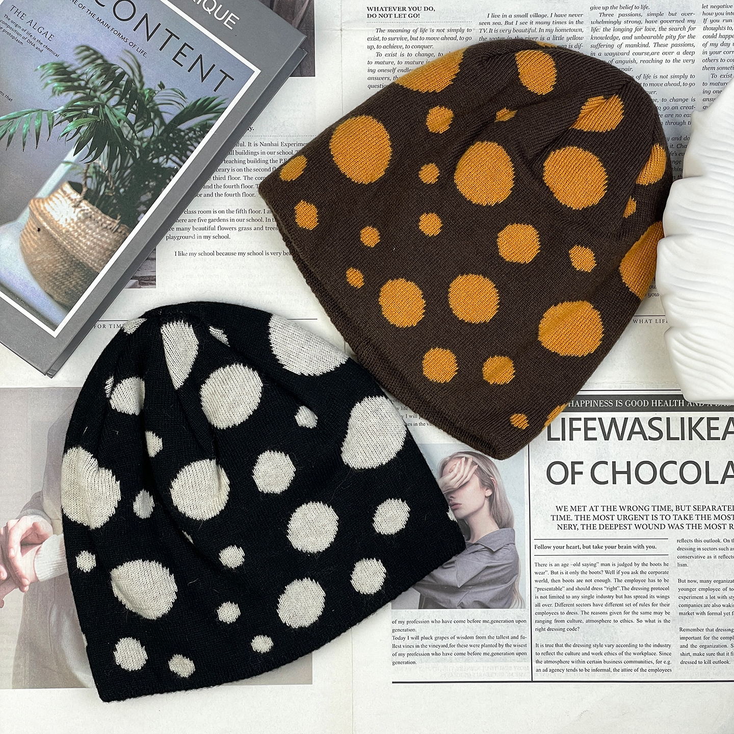 美式大圆点针织冷帽男女冬季加厚保暖防风护耳堆堆帽休闲百搭帽子