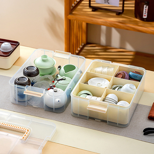 茶杯茶具收纳盒手提便携式防尘功夫茶具带盖收纳盒分隔户外工具盒