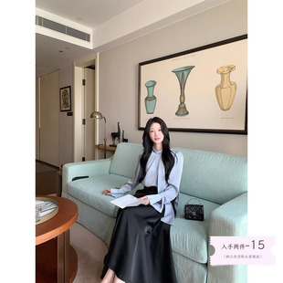 腰带半身裙 绝美珠光蓝仿醋酸缎飘带衬衫 炸鸡欧尼JeJuna 雾蓝晚餐