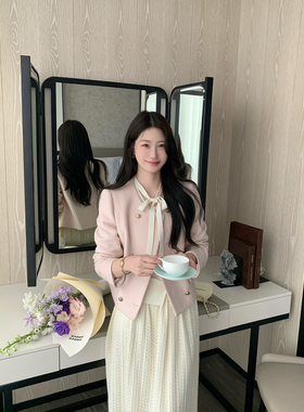 炸鸡欧尼 JeJuna 粉白梦境 韩系温柔粉色毛呢外套针织半裙套装女