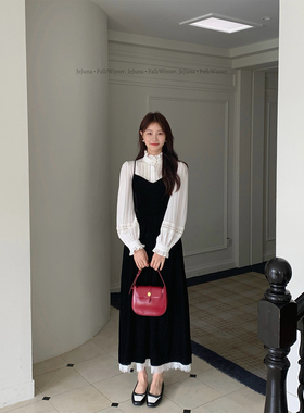 JeJuna炸鸡欧尼  精致欧尼 蕾丝花边内搭吊带裙黑色丝绒连衣裙冬