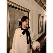 JeJuna炸鸡欧尼 奶油雪顶 50羊毛黑色系带双面尼大衣加厚羽绒外套