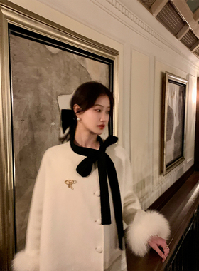 JeJuna炸鸡欧尼 奶油雪顶 50羊毛黑色系带双面尼大衣加厚羽绒外套