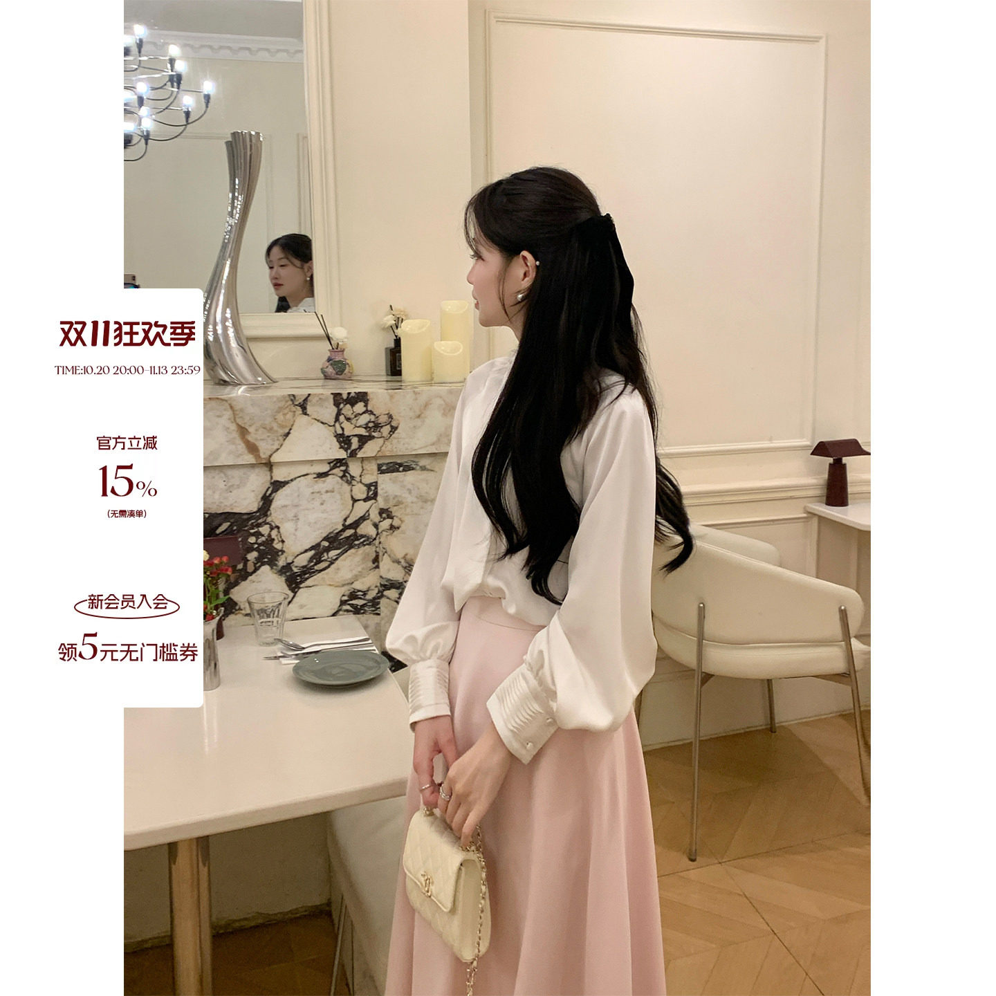 炸鸡欧尼JeJuna 月光女神 温柔丝光丝带灯笼袖飘带衬衫奶白色衬衣