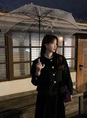 JeJuna炸鸡欧尼 高冷黑玫瑰 亮片金属扣收腰棉服女黑色小香风外套