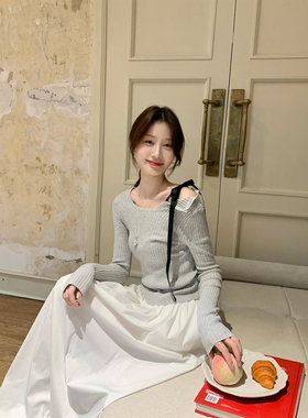 JeJuna炸鸡欧尼 雪克白兰地 65棉系带不规则针织衫设计感花苞裙女