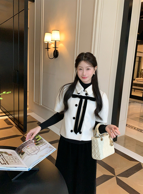 炸鸡欧尼 JeJuna 巴黎课间 羊毛系带单面呢外套a字版黑色丝绒半裙