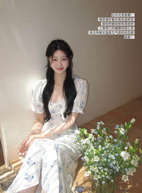 JeJuna炸鸡欧尼 古早韩味 纯棉温柔青花瓷碎花连衣裙收腰长裙女夏