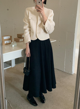 JeJuna炸鸡欧尼 垂顺赫本裙 不露腿厚实毛呢伞裙冬黑色A字半身裙