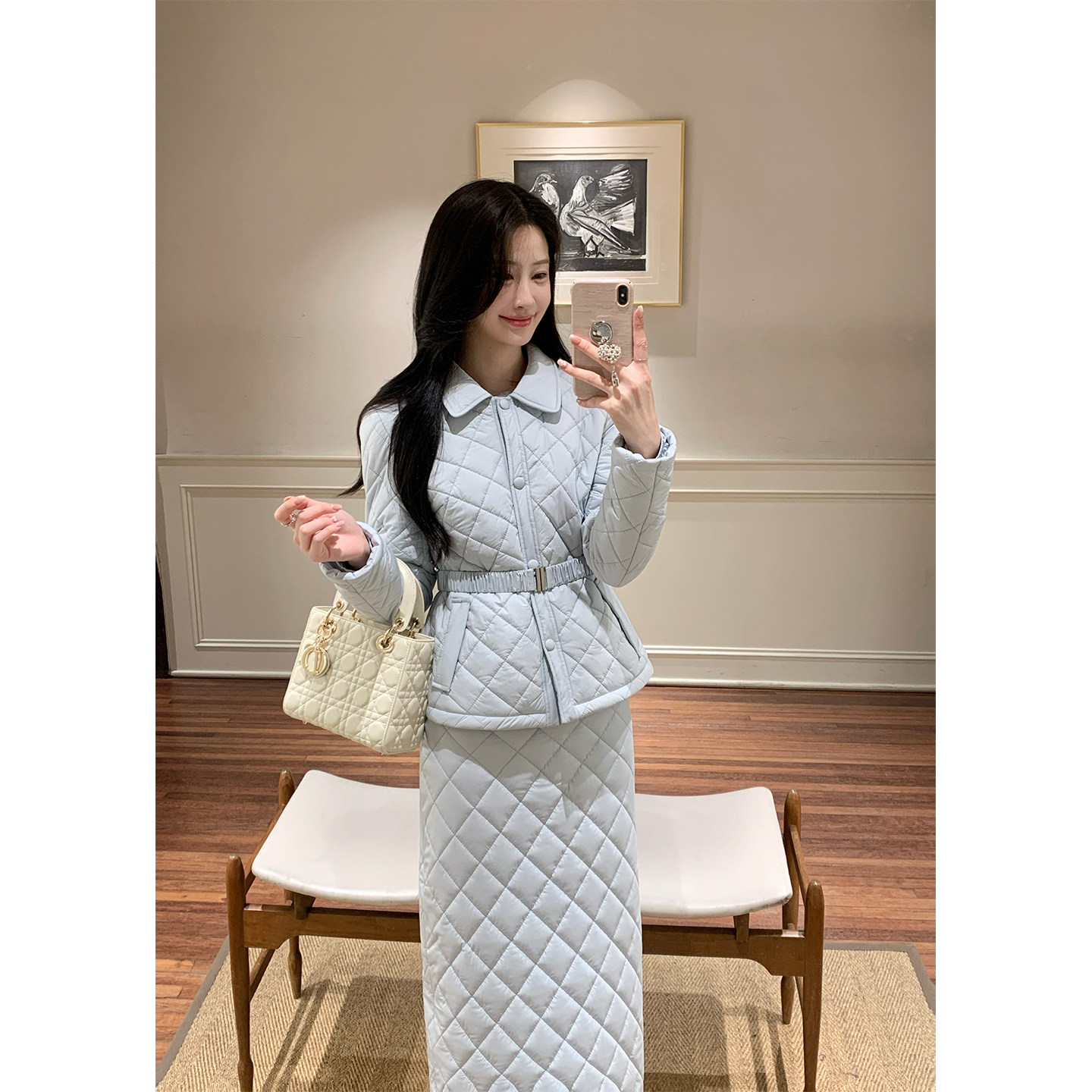 炸鸡欧尼 JeJuna 冰岛蓝 翻领格纹收腰棉服保暖外套a字版半裙套装