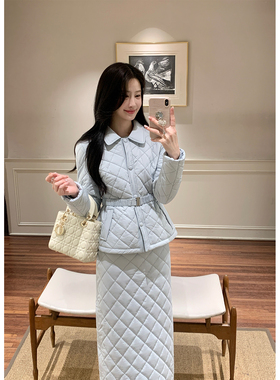 炸鸡欧尼 JeJuna 冰岛蓝 翻领格纹收腰棉服保暖外套a字版半裙套装