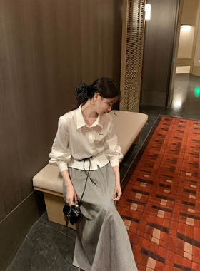 炸鸡欧尼JeJuna 氧气蜜桃 75棉灯笼袖收腰白衬衫粉色背心条纹半裙