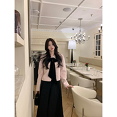 套装 粉色长毛蝴蝶结外套提花半身裙法式 约会战袍 JeJuna炸鸡欧尼