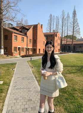 炸鸡欧尼JeJuna 百合忍冬 白色羊毛V领针织上衣花色针织半裙套装