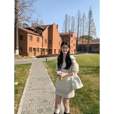 炸鸡欧尼JeJuna 1.26new 百合忍冬 白色羊毛V领针织半裙套装