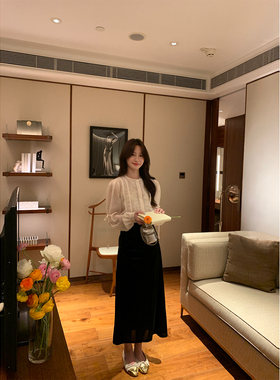 JeJuna炸鸡欧尼 富家欧尼 刺绣衬衫系带雪纺上衣长款黑色丝绒半裙