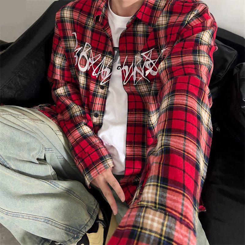 美式复古红格子刺绣宽松长袖衬衫