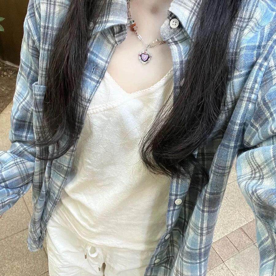 慵懒风防晒蓝色格子衬衫女长袖宽松开衫外套显瘦通勤上衣